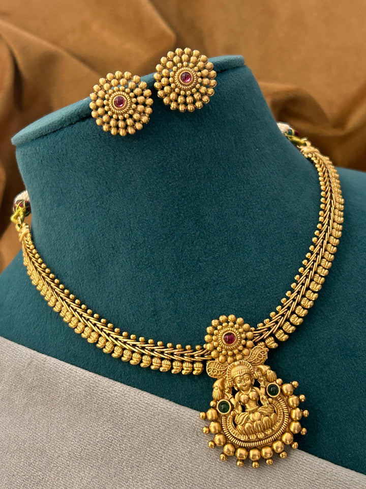 Antique Lakshmi Temple Necklace Set with Traditional Studs