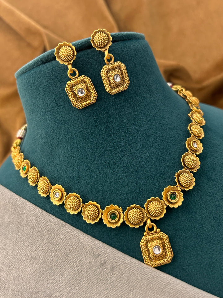 Vintage Floral Antique Necklace Set with Green Stone Accents