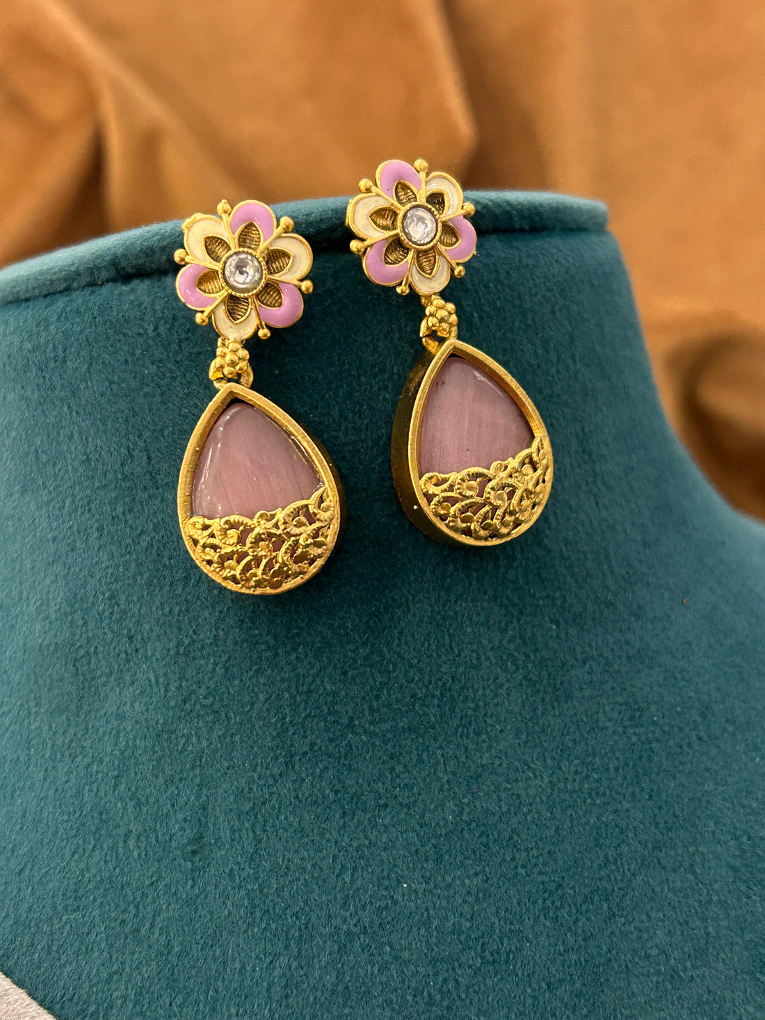 Pastel Pink Floral Designer Necklace Set with Drop Danglers