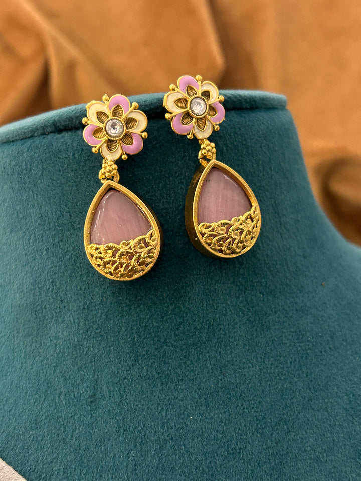 Pastel Pink Floral Designer Necklace Set with Drop Danglers