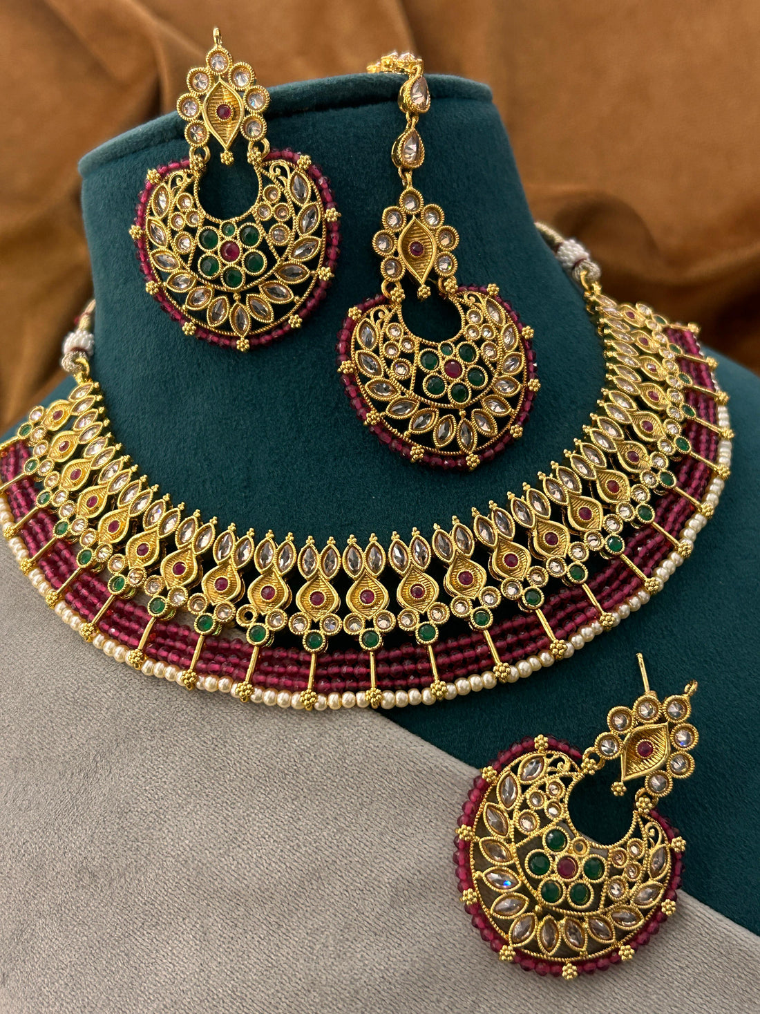 Royal Kundan Bridal Necklace Set with Ruby Bead Detailing