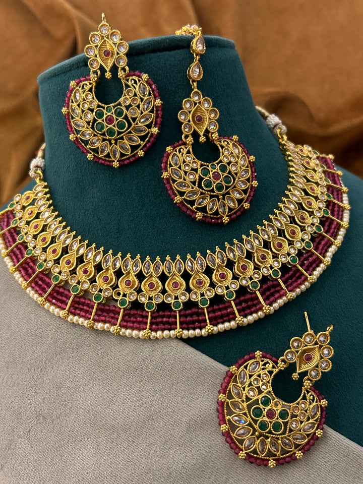 Royal Kundan Bridal Necklace Set with Ruby Bead Detailing