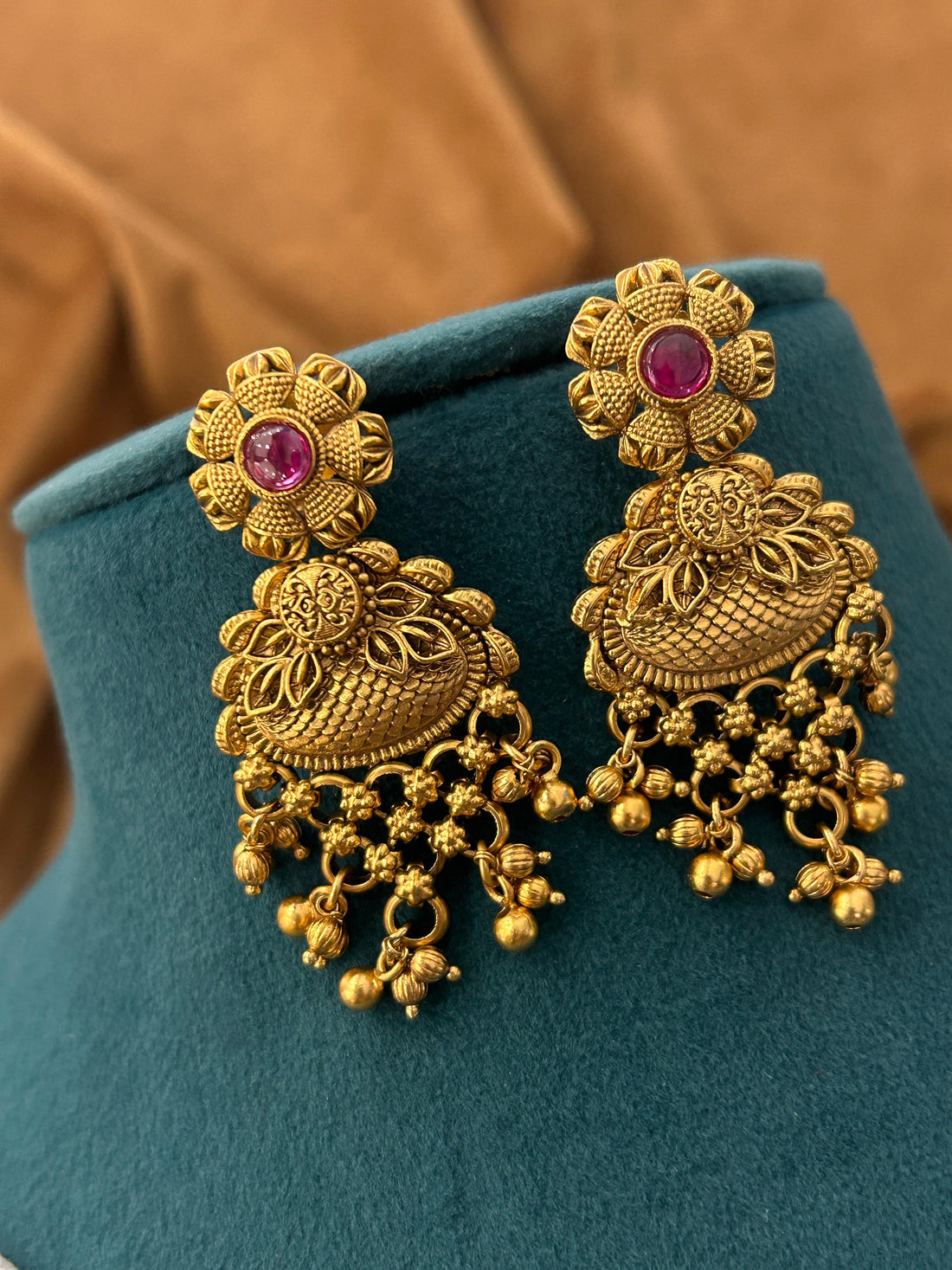 Antique Gold Guttapusalu Choker Necklace Set with Bold Pendant