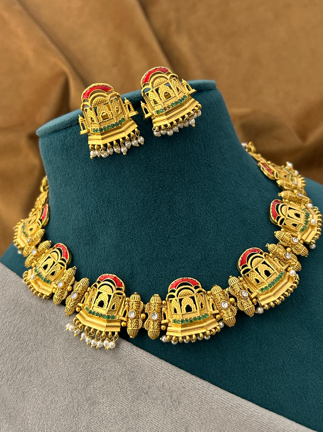 Rajasthani Palace Motif Necklace Set with Antique Finish