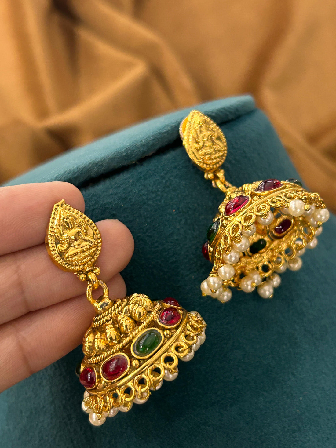 Heavy Lakshmi Temple Choker Set with Ruby-Green Stones & Pearl Drops