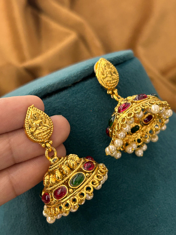 Heavy Lakshmi Temple Choker Set with Ruby-Green Stones & Pearl Drops