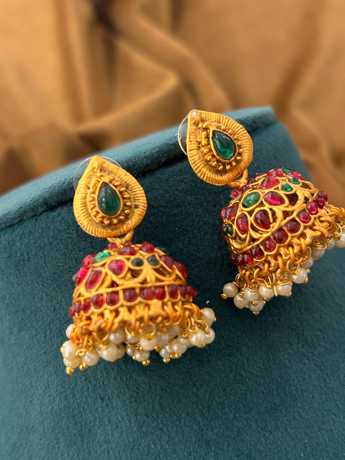 Peacock Motif Temple Necklace Set with Ruby-Green Stones & Pearl Drops