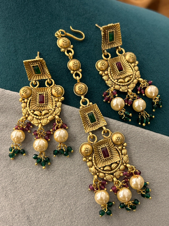 Antique Pearl Temple Choker Set with Earrings & Maang Tikka
