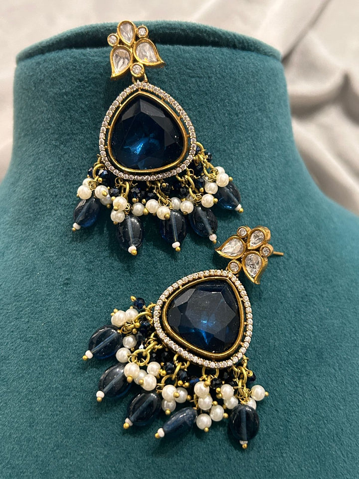 Royal Blue Stone Kundan Necklace Set with Pearl Drops