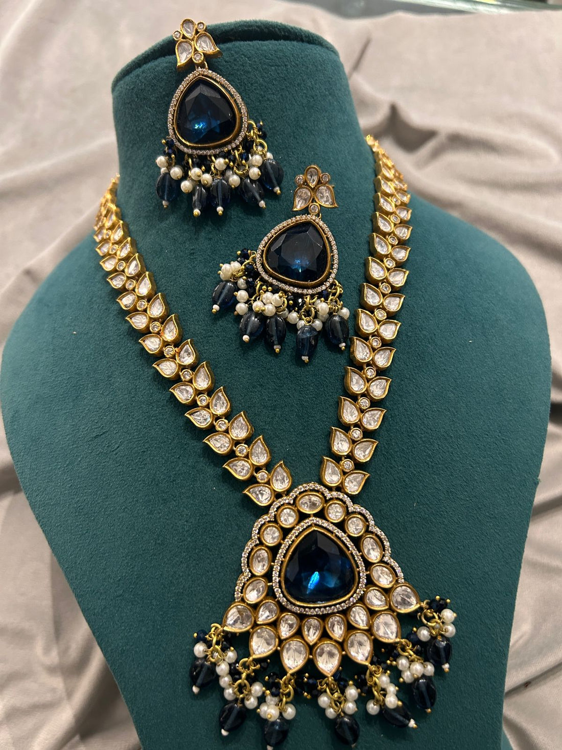 Royal Blue Stone Kundan Necklace Set with Pearl Drops