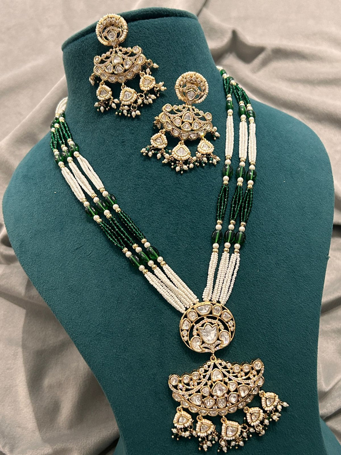 Royal Polki Kundan Bridal Necklace Set – Green & White Beaded Design