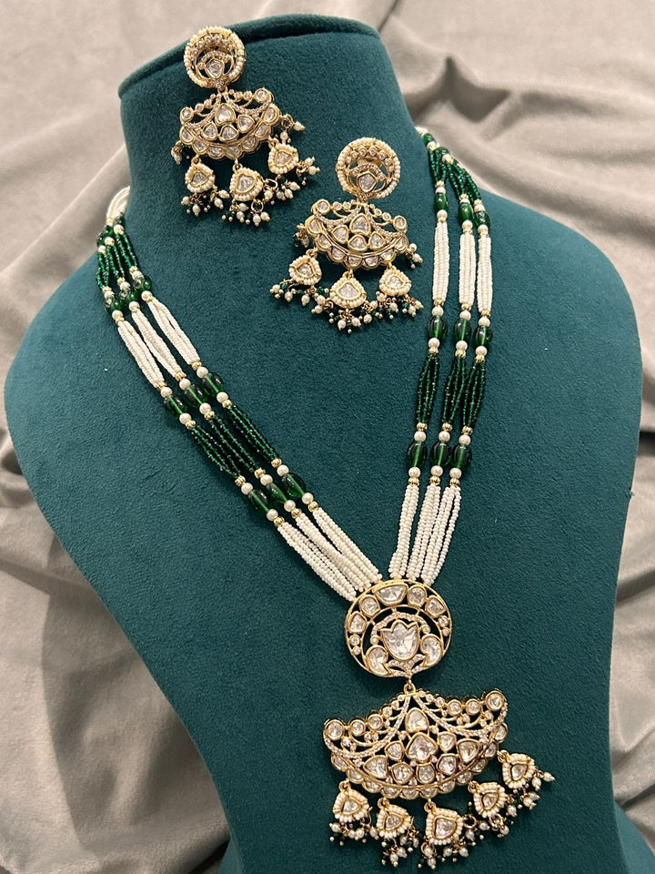 Royal Polki Kundan Bridal Necklace Set – Green & White Beaded Design
