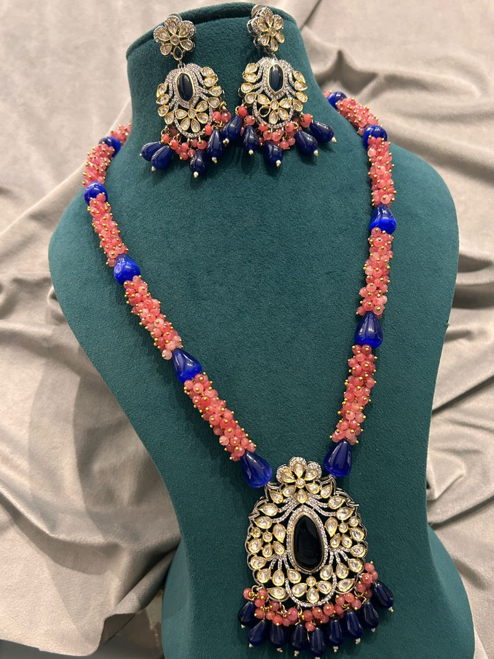 Royal Blue & Pink Beaded Kundan Pendant Set – Floral Design
