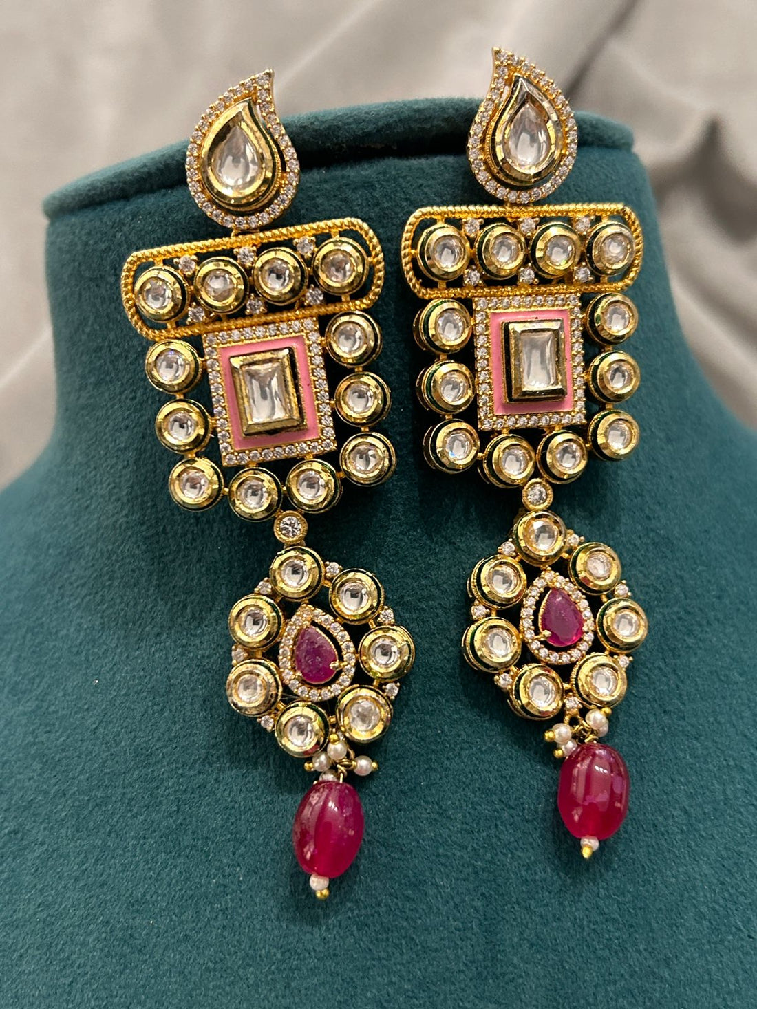 Royal Square Kundan Necklace Set with Maroon Beads