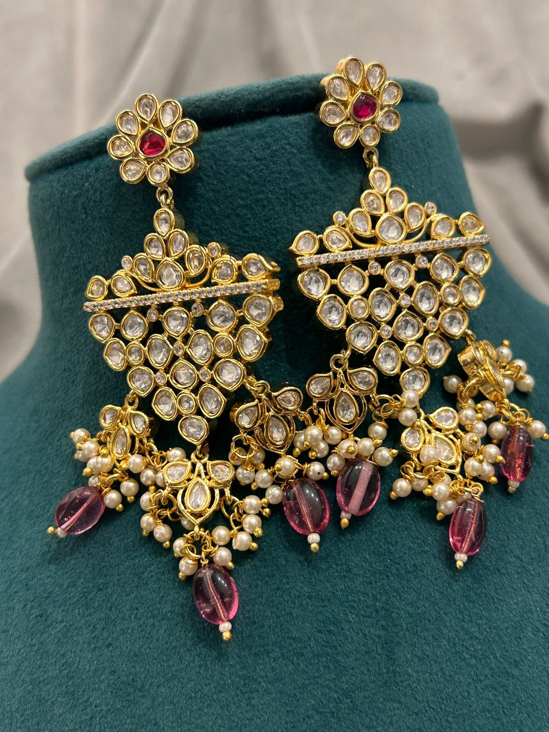 Grand Temple-Style Kundan Necklace Set – Red & White Beaded Design