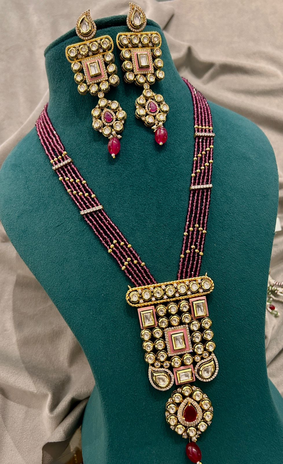 Royal Square Kundan Necklace Set with Maroon Beads