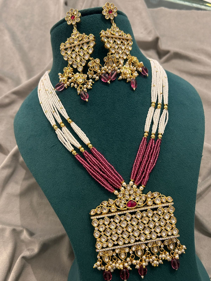 Grand Temple-Style Kundan Necklace Set – Red & White Beaded Design