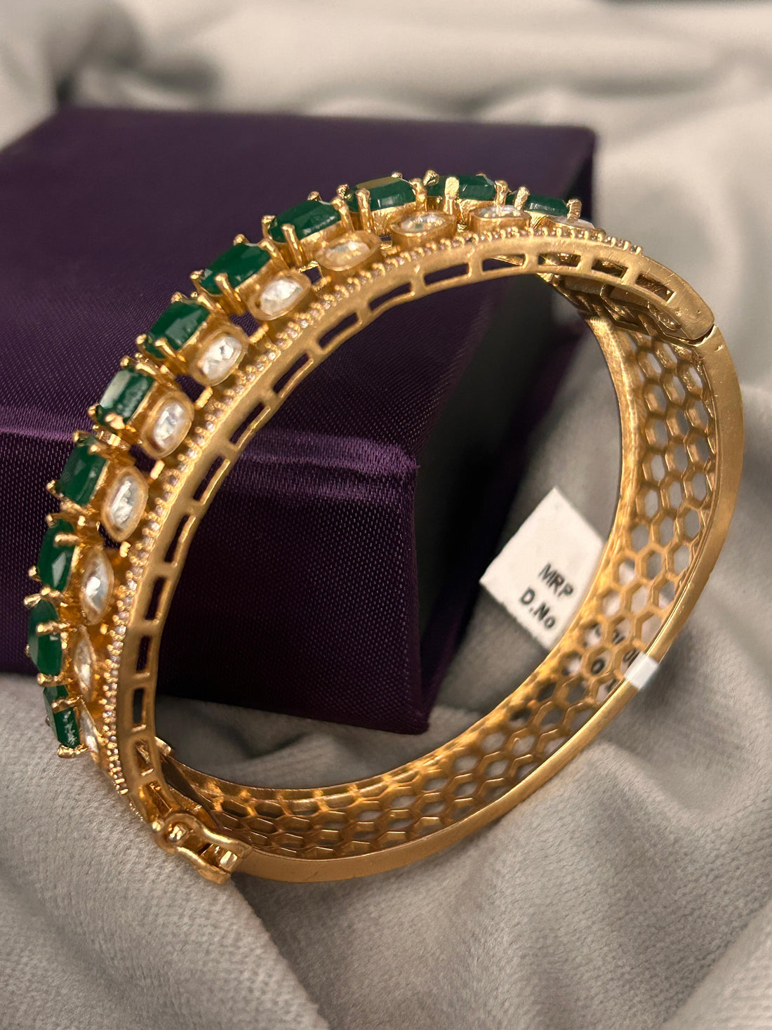 Emerald Elegance Openable Bangle with CZ Diamonds – Gold Finish (Size 2.4 & 2.6)