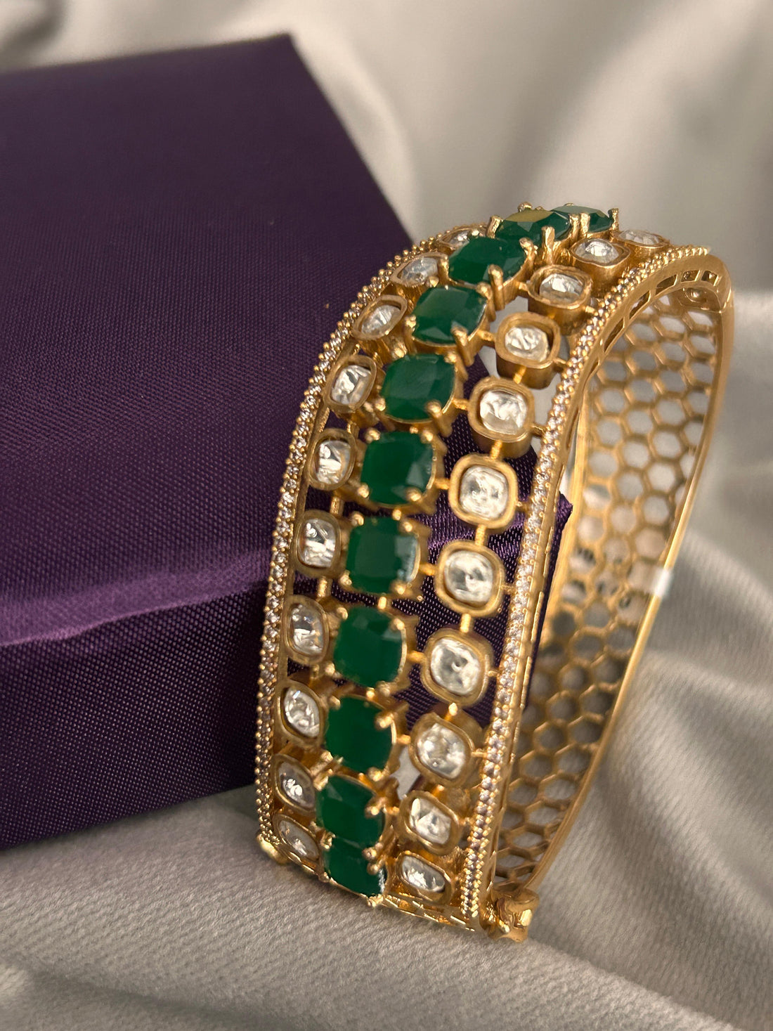 Emerald Elegance Openable Bangle with CZ Diamonds – Gold Finish (Size 2.4 & 2.6)
