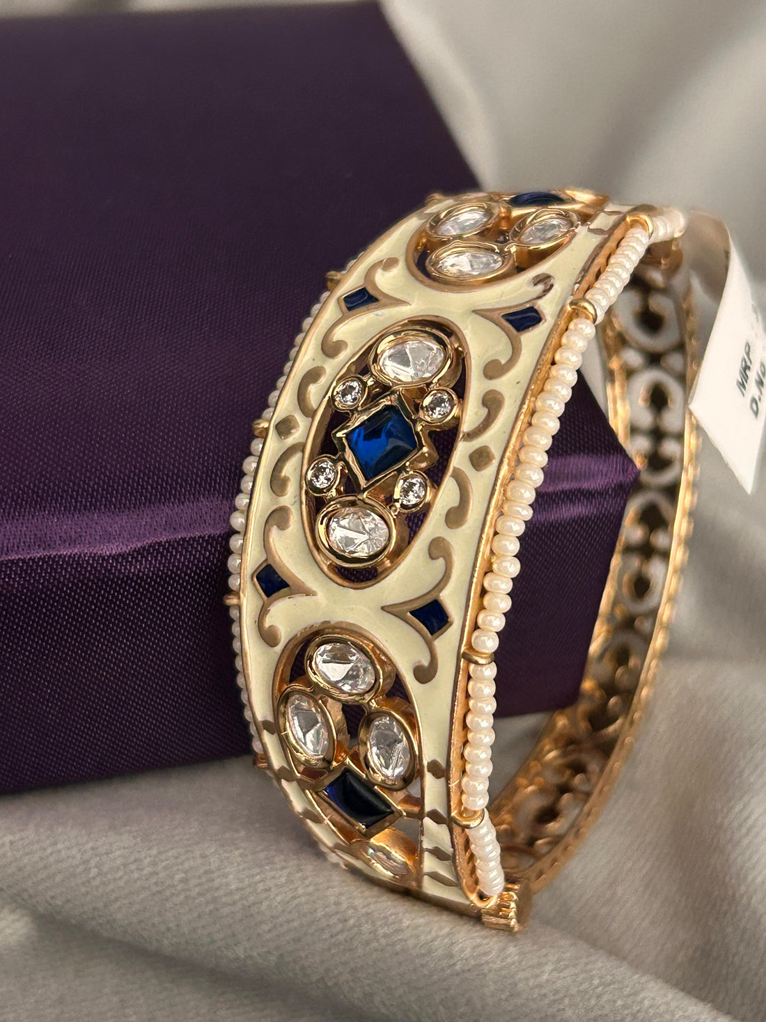 Ivory Enamel Openable Bangle with Blue & CZ Stones – Premium Gold Finish (Size 2.4 & 2.6)