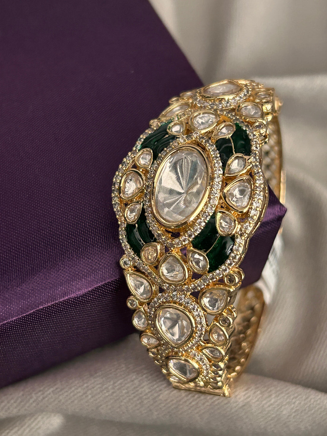 Royal Kundan Polki Bracelet with Green Meenakari Accents