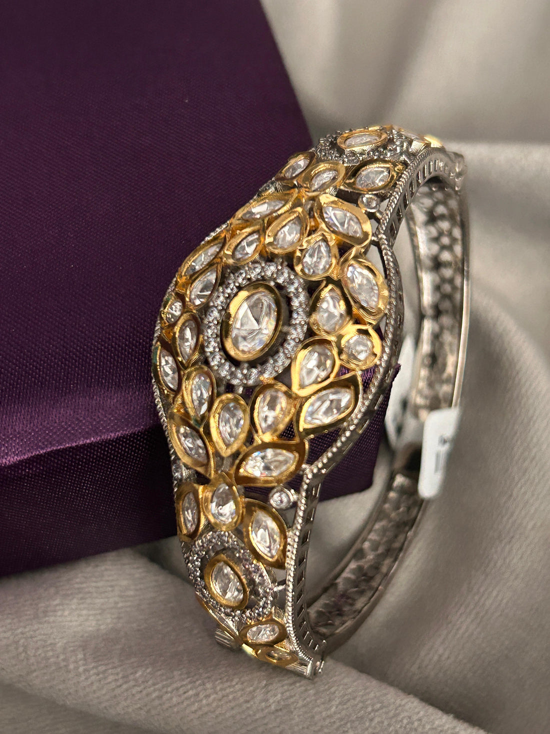 Dual-Tone Polki Bangle with Antique Silver & Gold Finish