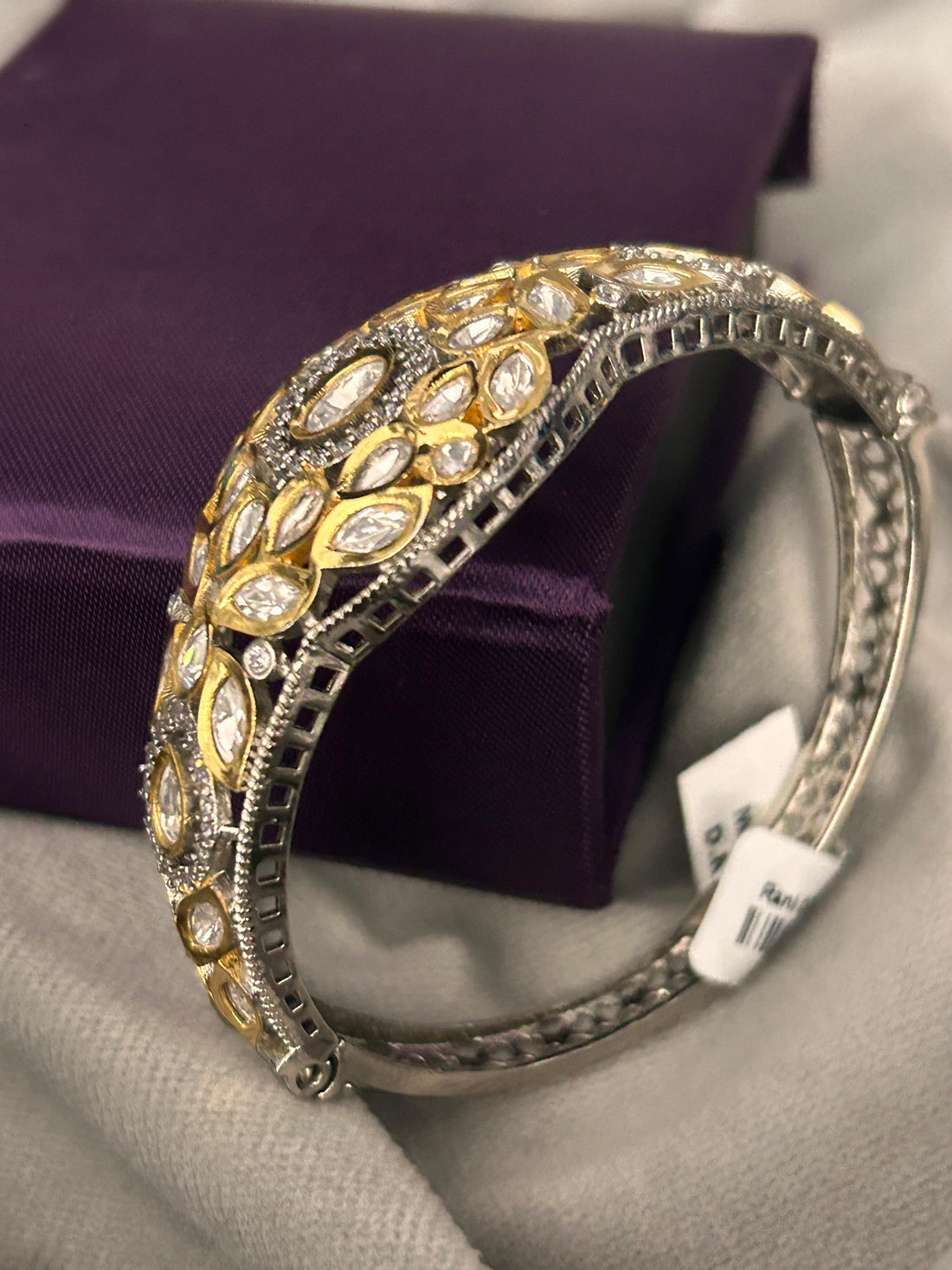 Dual-Tone Polki Bangle with Antique Silver & Gold Finish