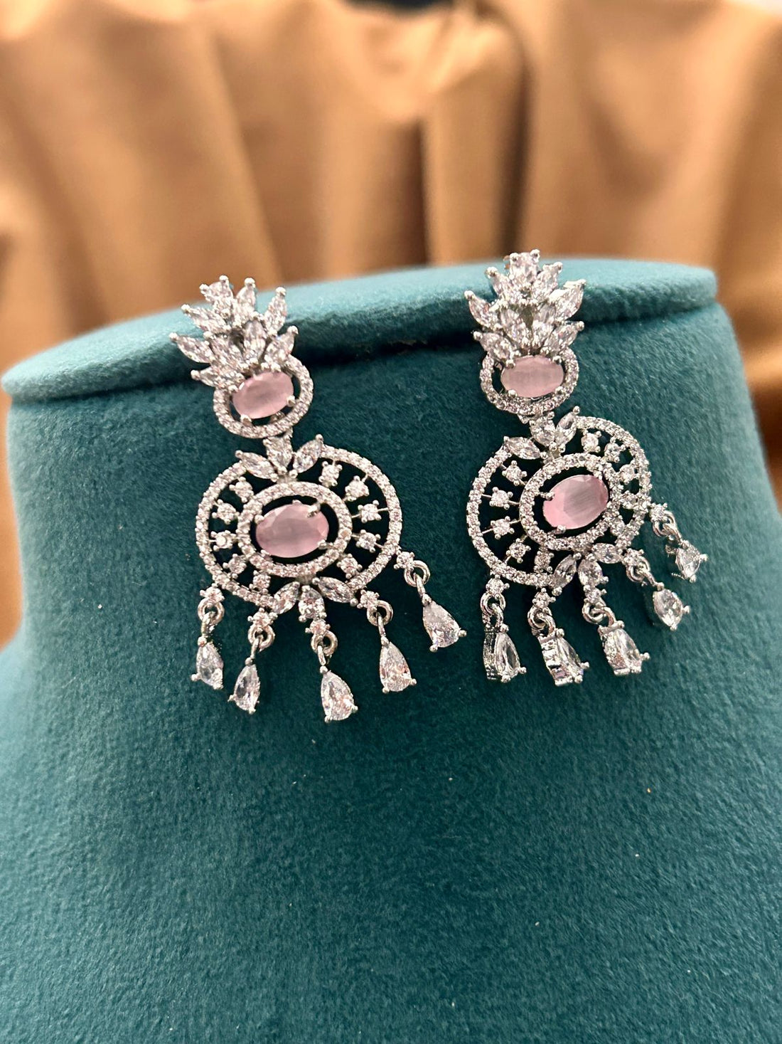 Pastel Pink American Diamond Choker Set with Dangling Drops