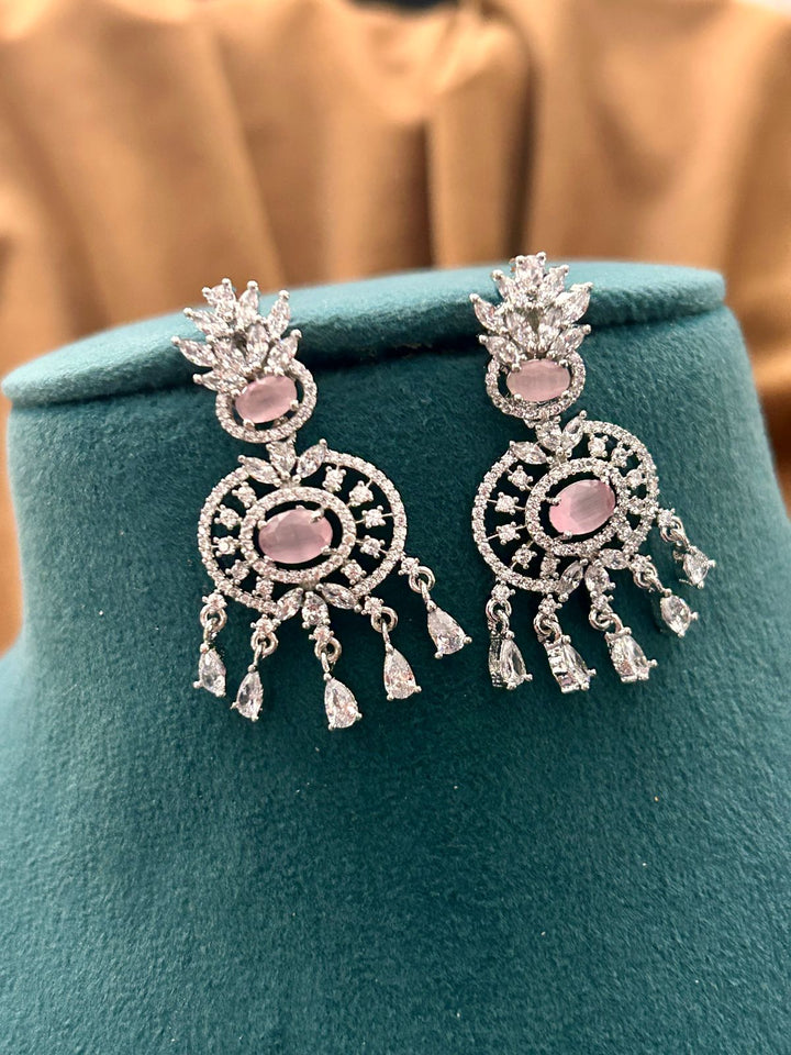 Pastel Pink American Diamond Choker Set with Dangling Drops