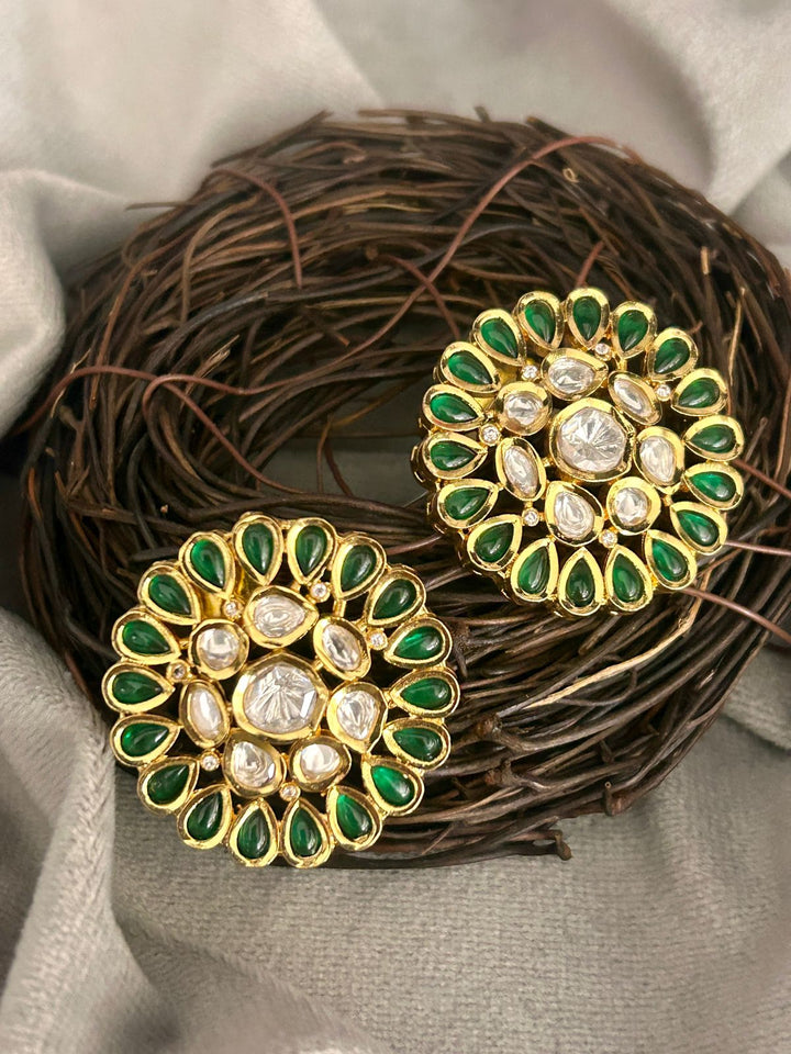 Green Kundan Round Stud Earrings