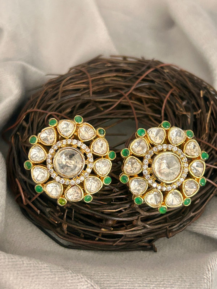 Round Kundan Stud Earrings with Green Accents