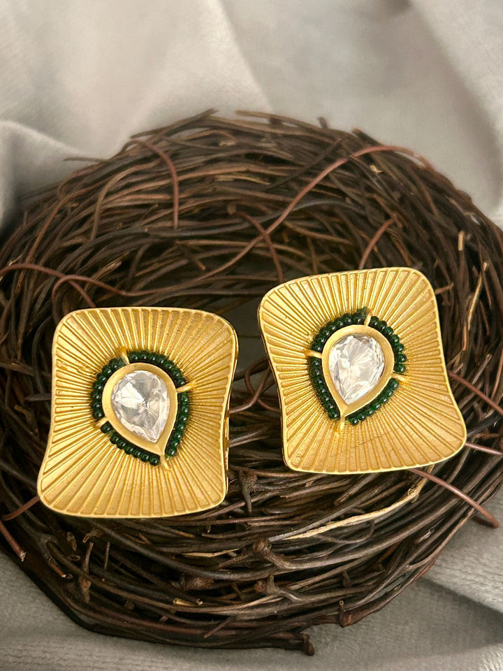 Contemporary Gold Matte Stud Earrings with Teardrop Center