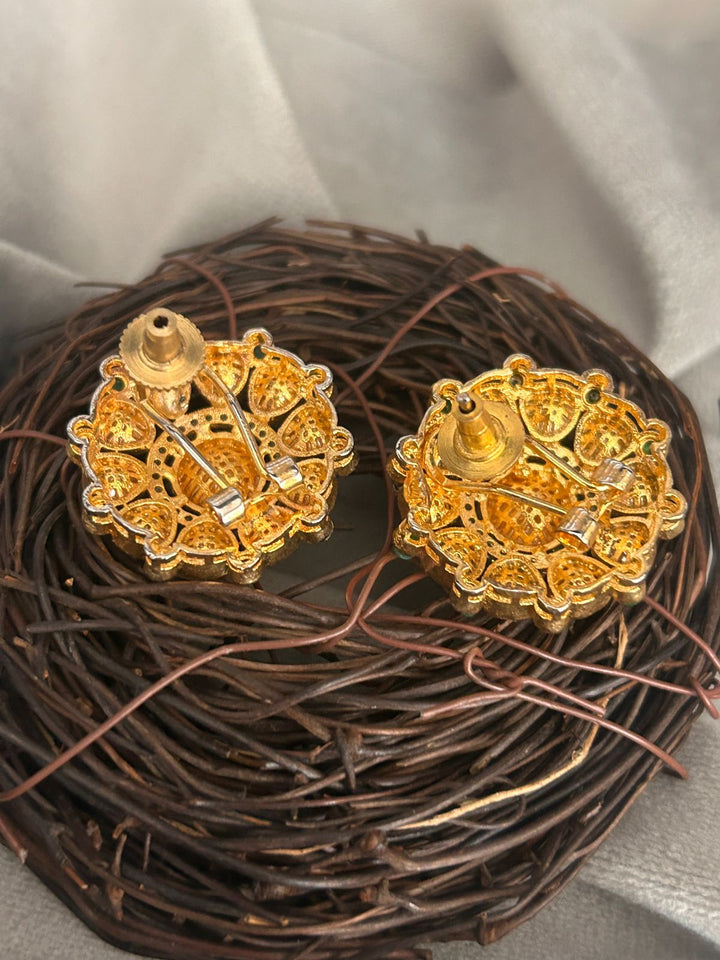 Round Kundan Stud Earrings with Green Accents