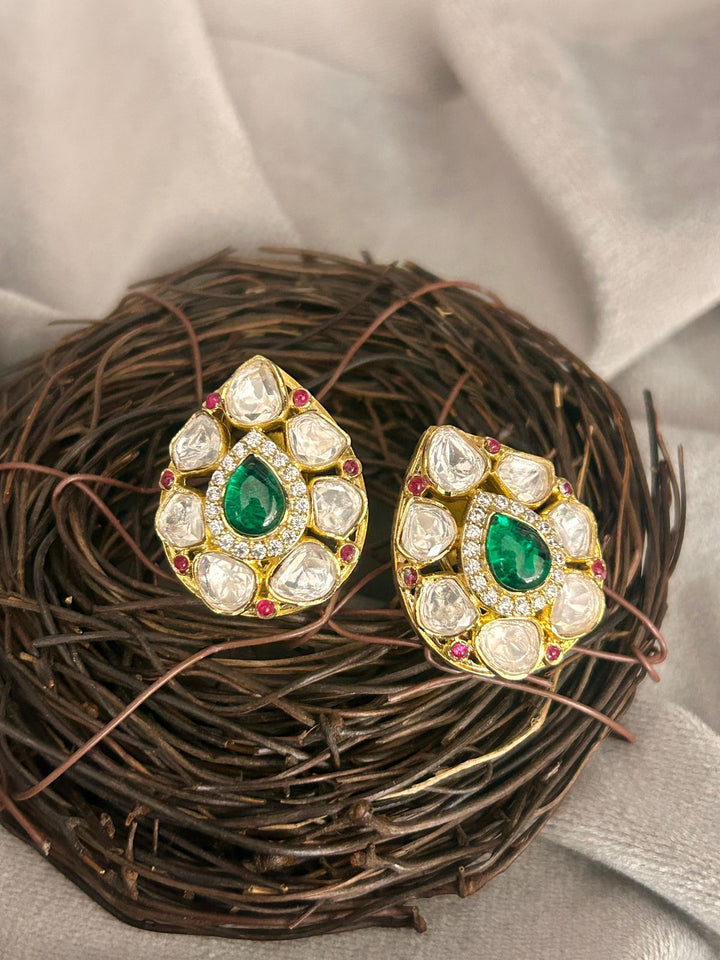 Teardrop Green Kundan Stud Earrings with Ruby Accents