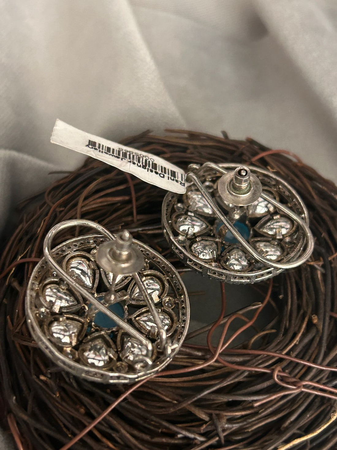 Oxidized Round Stud Earrings with Blue Stone Center