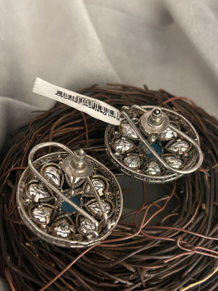 Oxidized Round Stud Earrings with Blue Stone Center