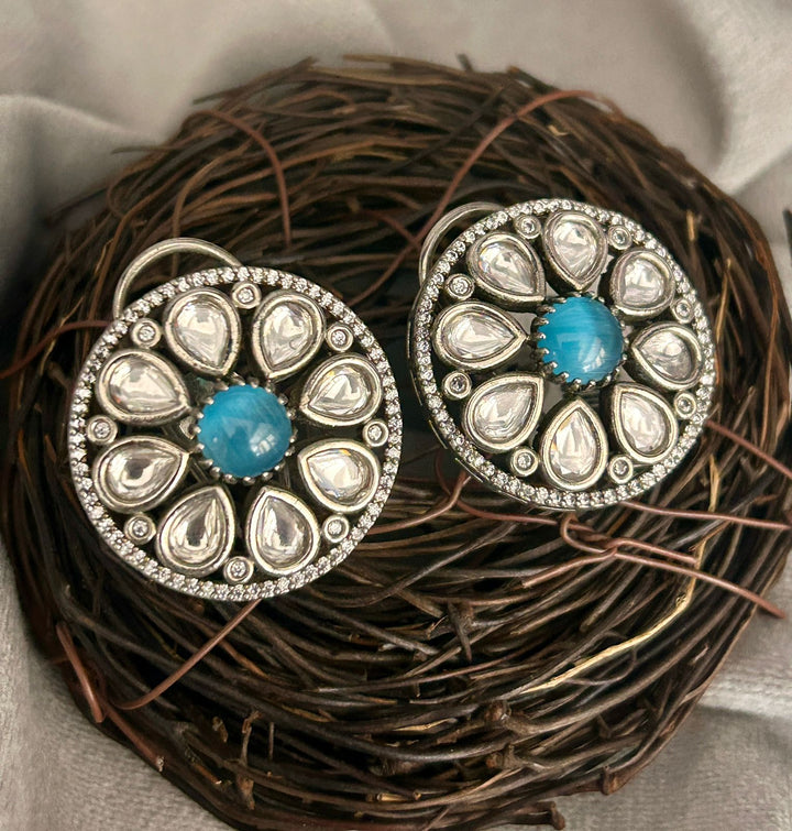 Oxidized Round Stud Earrings with Blue Stone Center