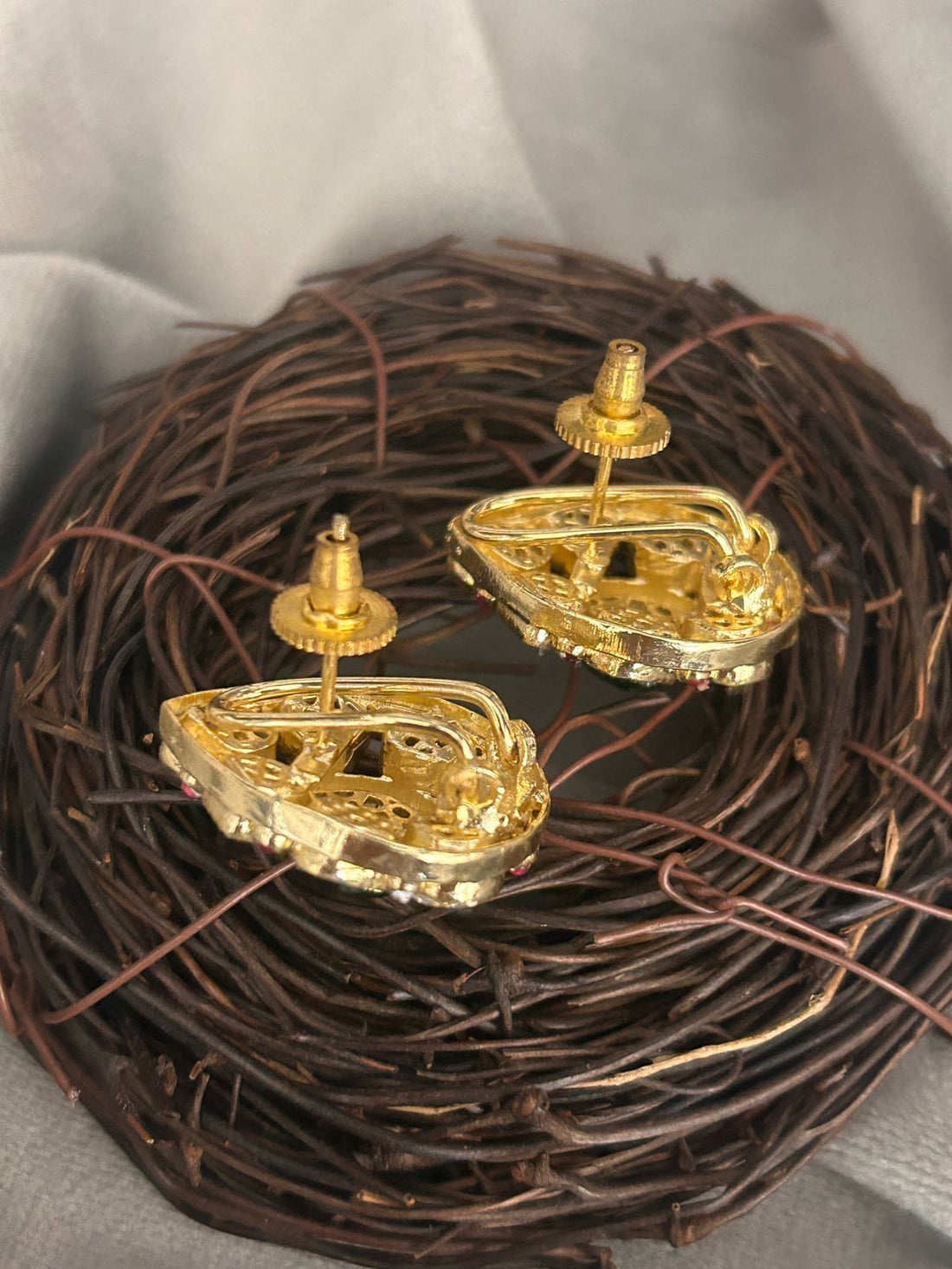 Teardrop Green Kundan Stud Earrings with Ruby Accents