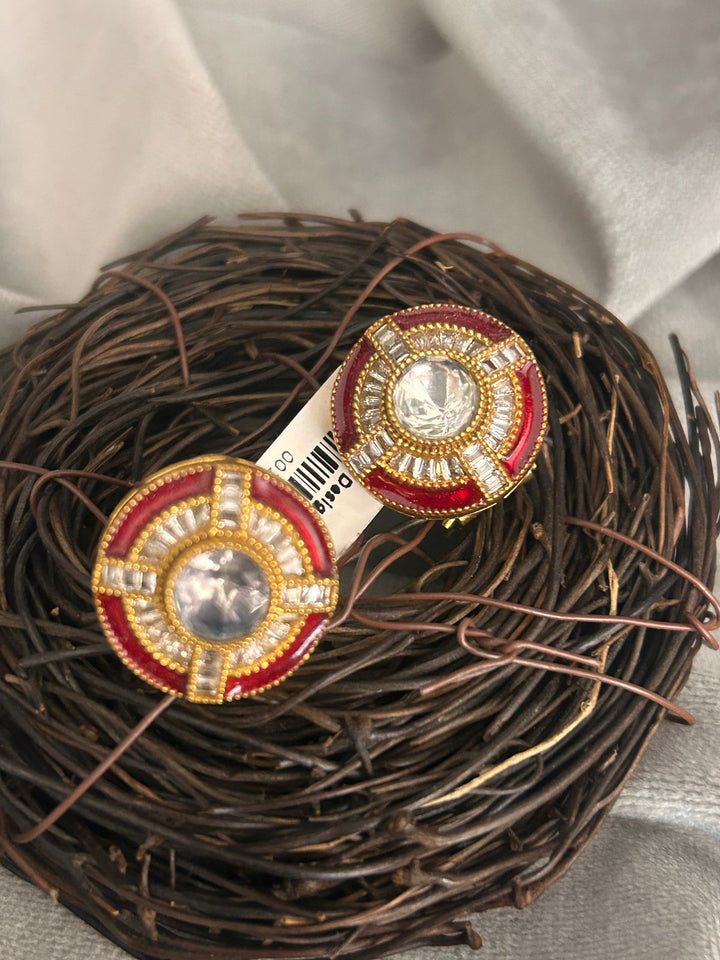 Red Enamel Round Stud Earrings with Diamond Look Center