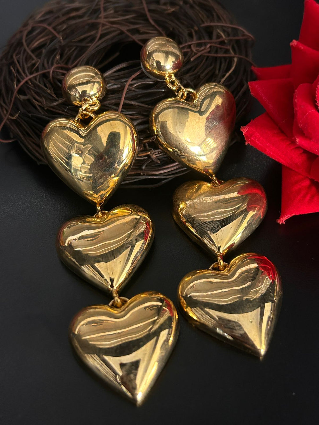 Golden Triple Heart Dangler Earrings – Statement Party Wear