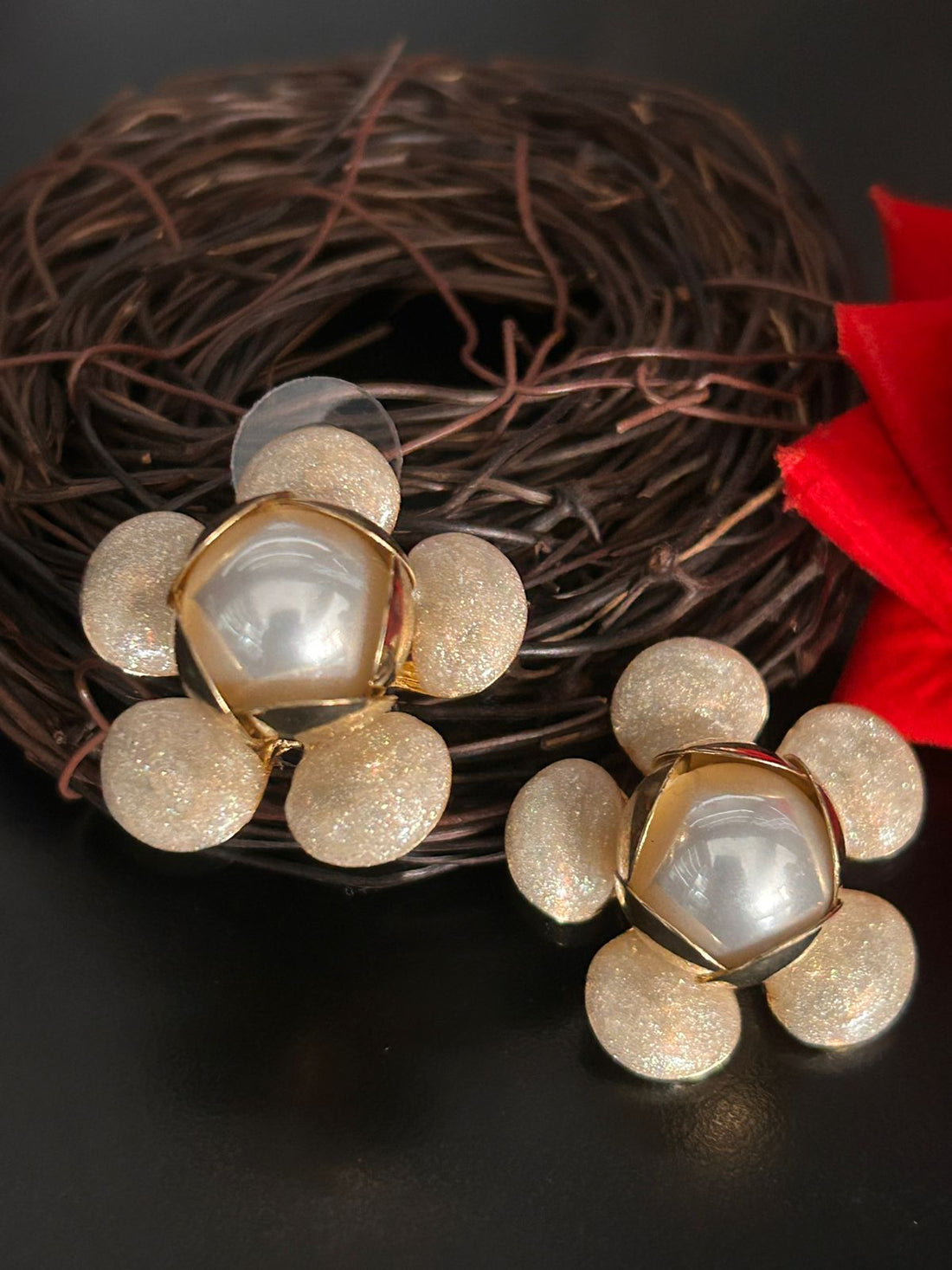 Floral Pearl Stud Earrings – Elegant Golden Finish