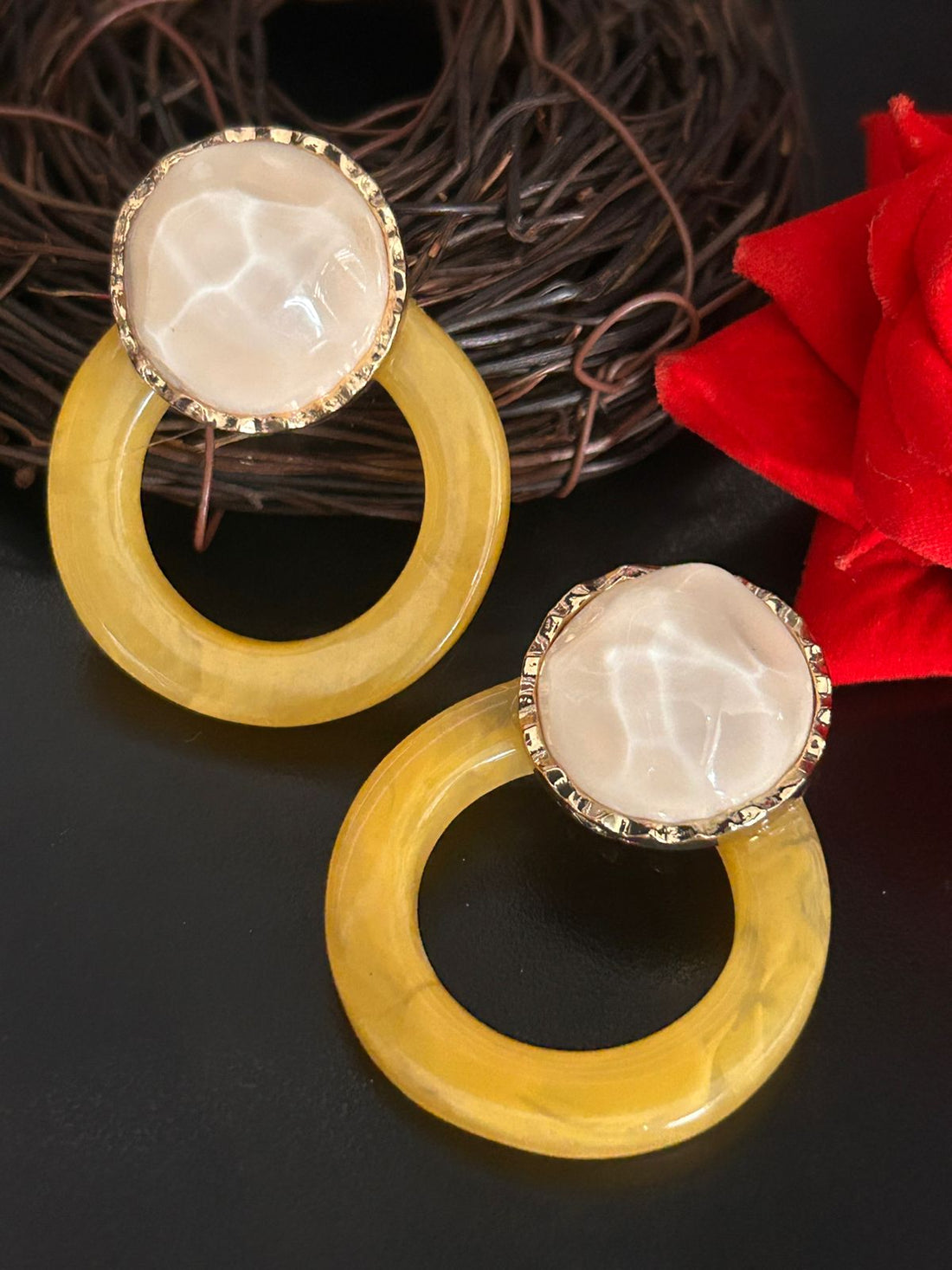 Yellow Hoop Earrings with Pearl Top – Trendy Statement Jewellery