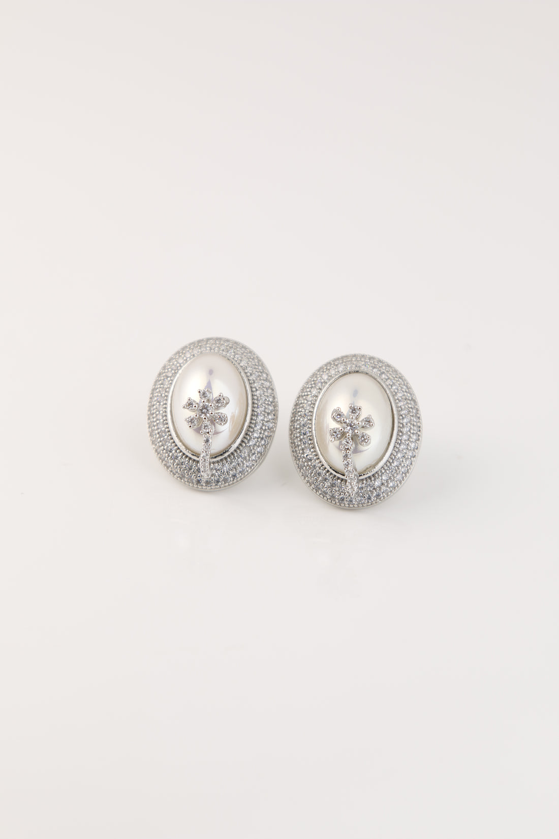 Elegant White Stone Stud Earrings with Floral Diamond Motif
