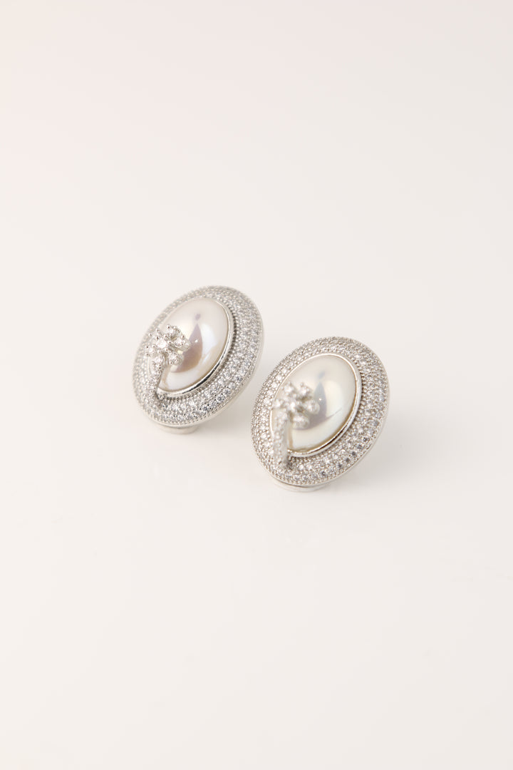 Elegant White Stone Stud Earrings with Floral Diamond Motif