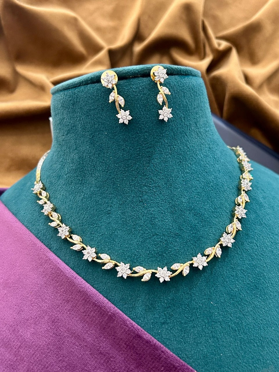 Delicate Floral CZ Diamond Necklace Set – Gold Finish