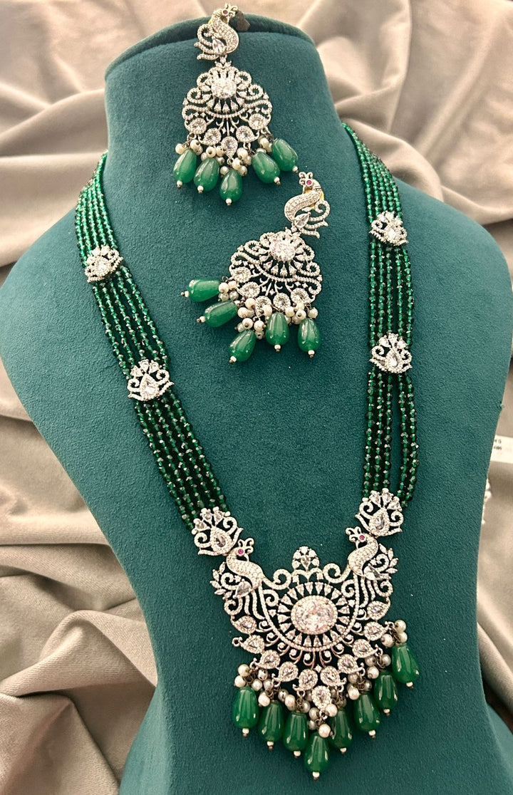 Green Beads & Diamond Look Peacock Necklace Set – Bridal Party Wear Jewellery