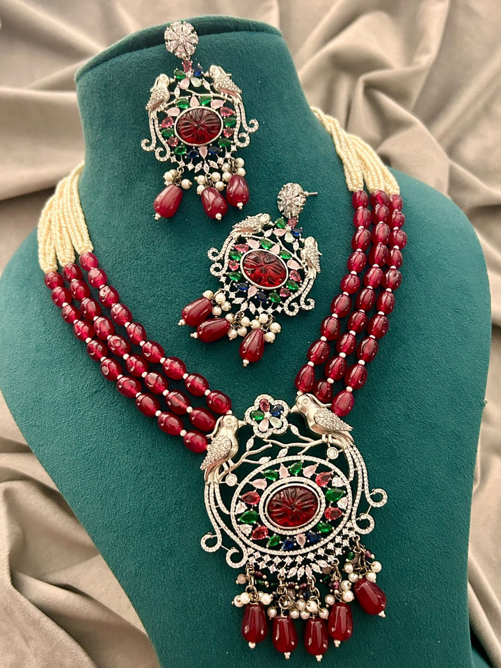 Ruby Beads & Multicolor Stone Bird Design Necklace Set – Bridal Party Wear Jewellery