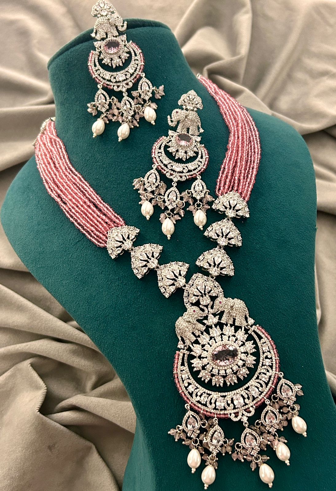 Pink Beads & Diamond Look Elephant Design Necklace Set – Heavy Bridal Jewellery