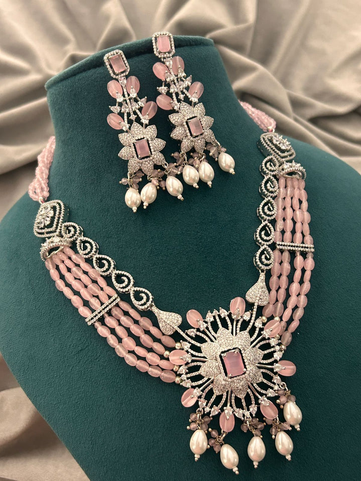 Pink Beads & Diamond Look Necklace Set with Pearls – Bridal Party Wear Jewellery