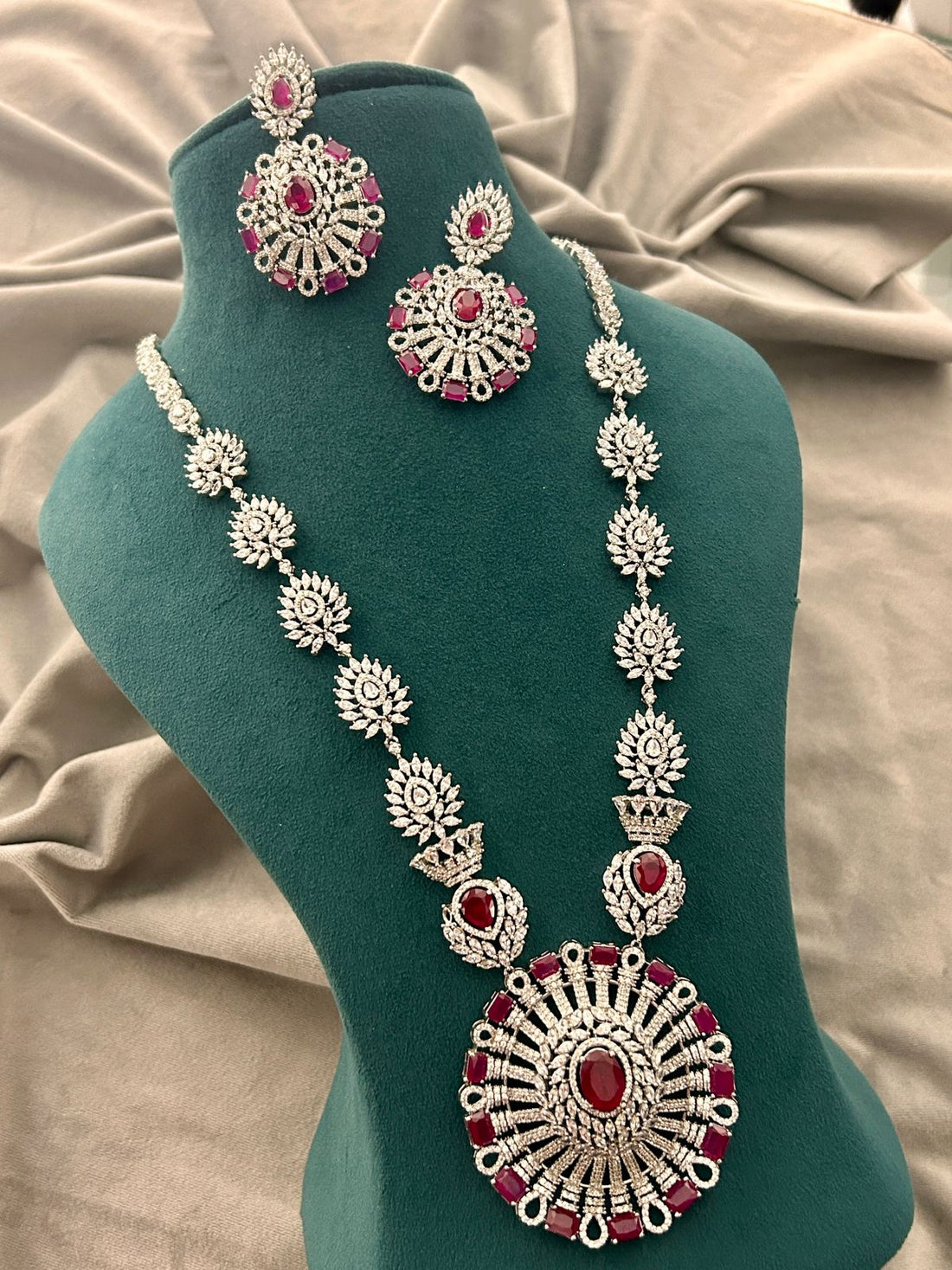 Ruby & Diamond Look Necklace Set – Bridal Wedding Jewellery with Earrings